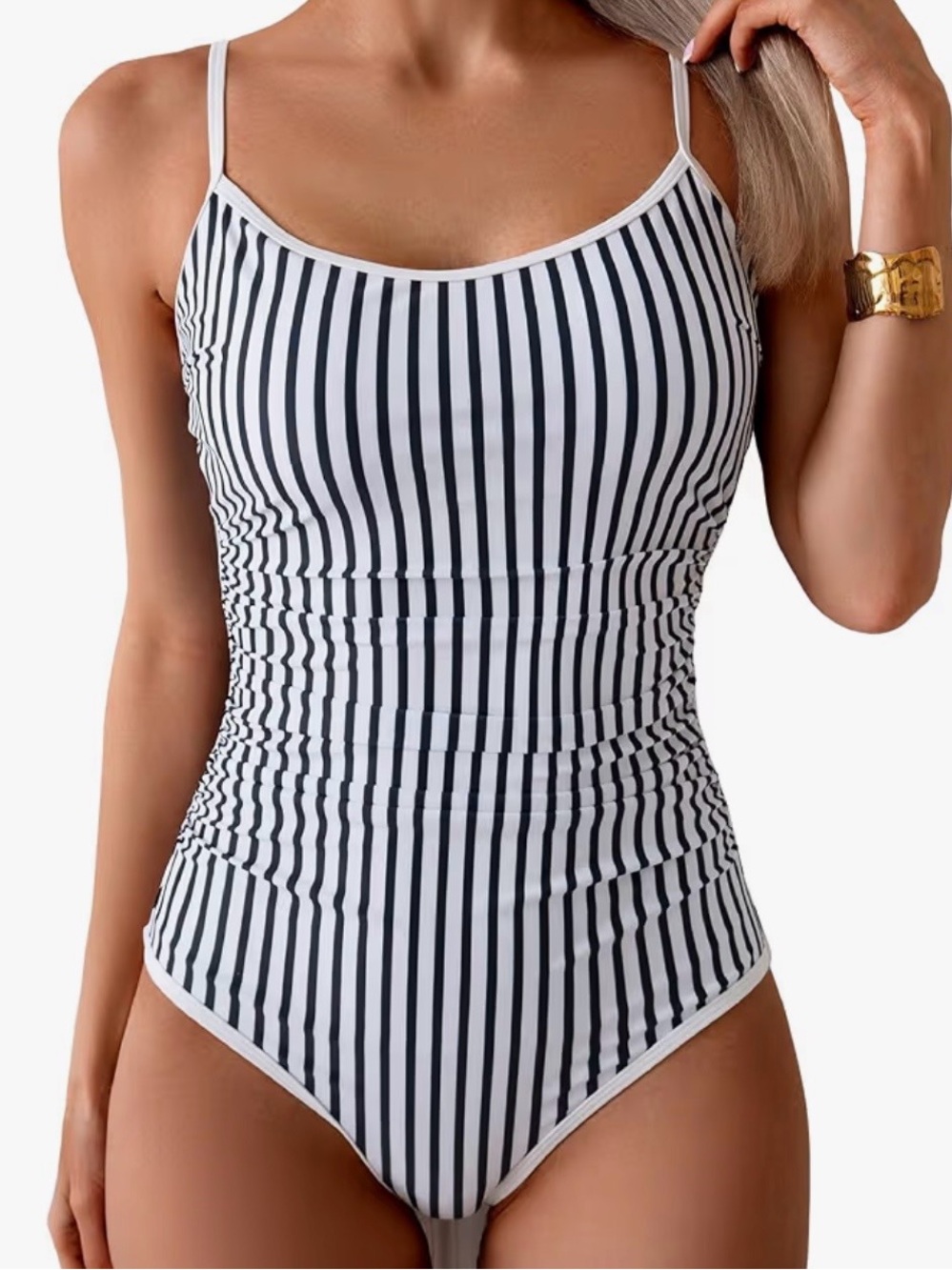 New Striped Black & White One-Piece Swimsuit with Slim Straps Large